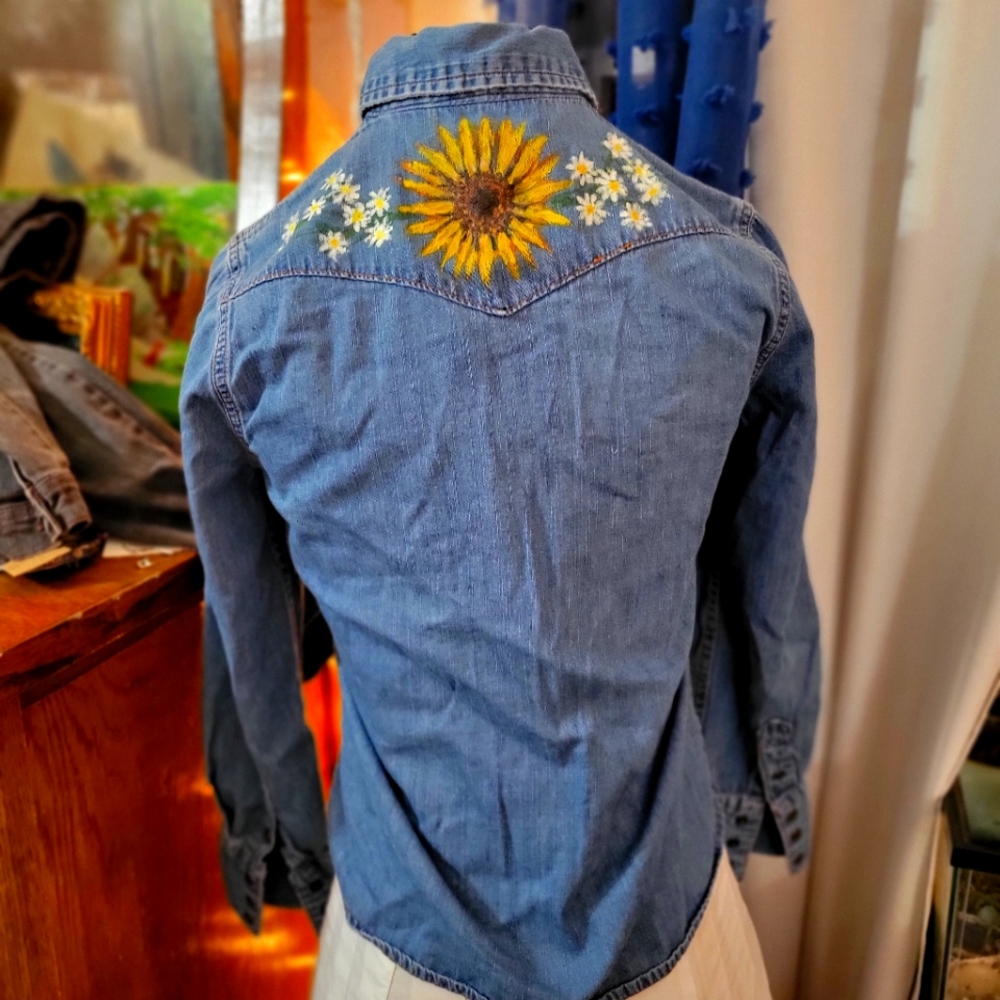 Hand Painted Custom  Upcylced Denim Shirt with Sunflower Design